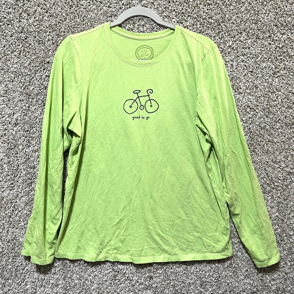 Life is Good T-Shirt Women's Large Green Bicycle Graphic Classic Fit Long Sleeve